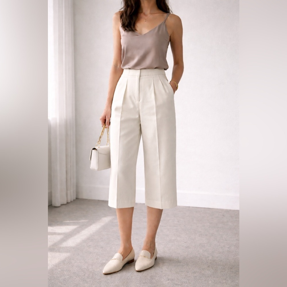 Club Monaco Womens Wool Culotte Pant Sz 00 Cream Minimalist Cropped Trouser